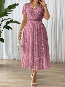 Cravure Plus Size Women Summer V-Neck Short Sleeve Lace Ruffle Hem Elegant Dress Maxi Women Outfit Wedding - Dusty Pink - View 6