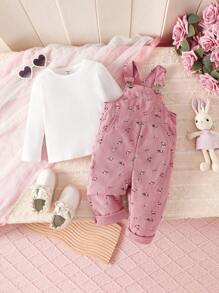 SHEIN Vintaside Kids Baby Mädchen 2-teiliges Set aus Cord-Hose mit Blumen-Trägern, süß
