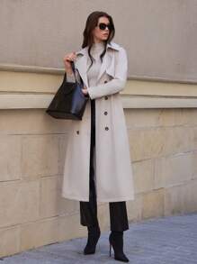 RueChic Premium Quality, Double Button Through, Belted Long Line Trenchcoat - Beige - View 4