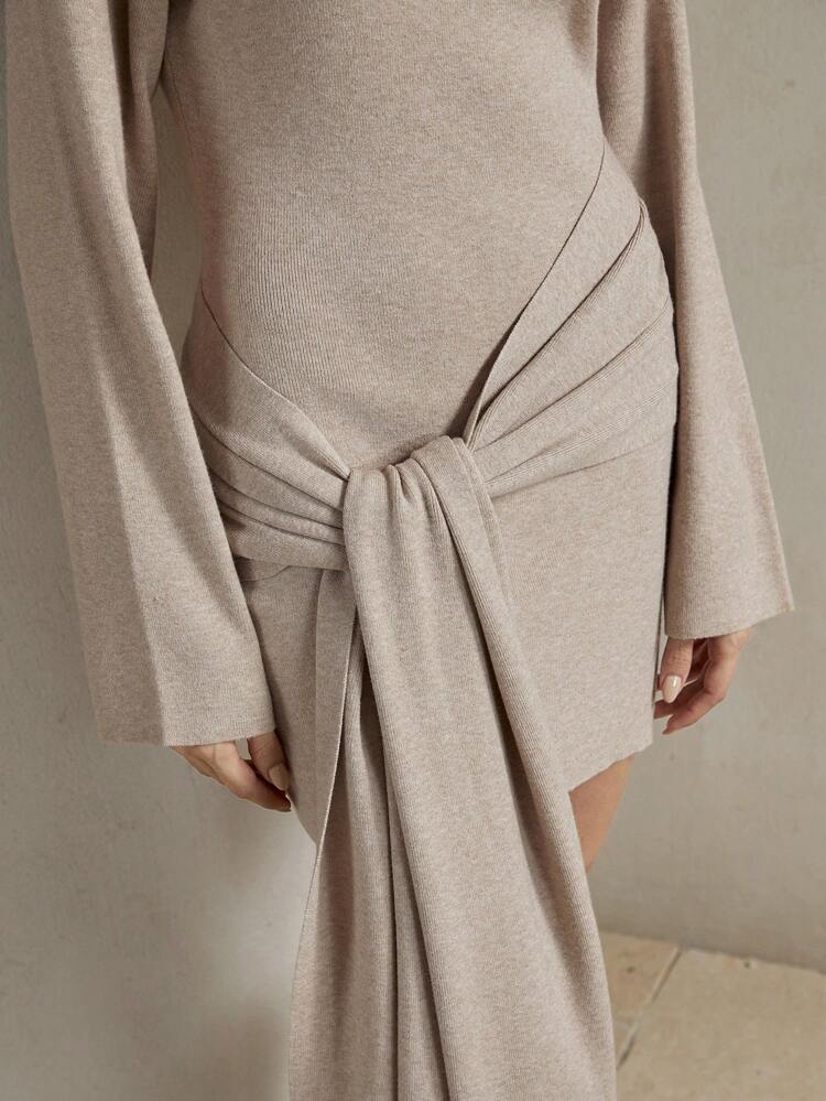 Women's Solid Color Crew Neck Long Sleeve Tie Hem Casual Sweater Dress, Autumn & Winter