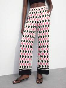 Maija Geometric Element Print Loose Straight Leg Spring/Summer Casual Pants For Women, Relaxed Fit, Versatile Summer Outfits For Women Wide Leg Pants Woman Vacation Outfits Woman - Pink - View 1