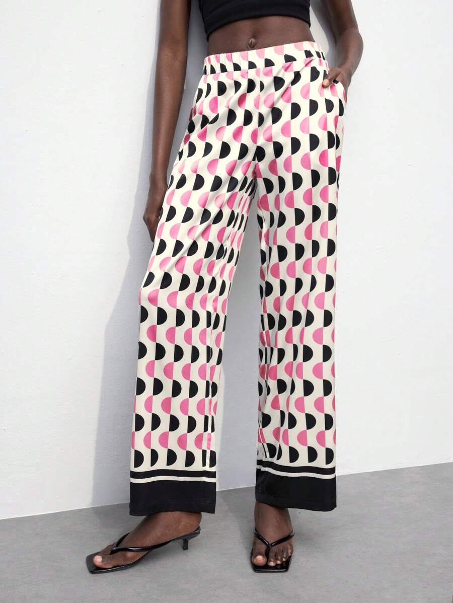 Maija Geometric Element Print Loose Straight Leg Spring/Summer Casual Pants For Women, Relaxed Fit, Versatile Summer Outfits For Women Wide Leg Pants Woman Vacation Outfits Woman - Pink - View 1