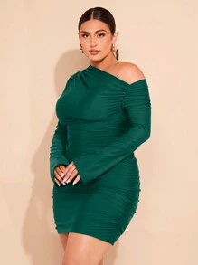 SHEIN BAE Đầm ôm sát tay dài cổ bất đối xứng cỡ lớn cho nữ - Màu xanh lá cây đậm - Xem 3