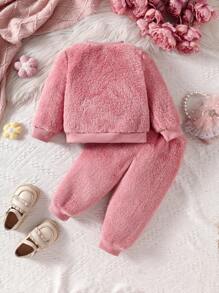女婴休闲动物刺绣羊毛运动衫和运动裤套装，秋冬 - 粉色 - 查看 2