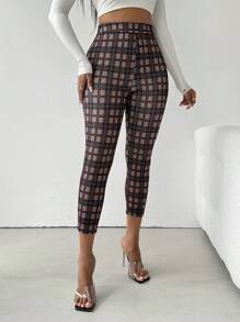 Zolique Plaid High-Waist Slim-Fit Pants - Brown - View 4