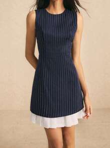 Poéselle Women's Navy Striped Contrast Hem Dress Work Dress
