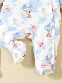 SHEIN 2pcs Set Baby Boys Cute Bear Print Long Sleeve Pajama Jumpsuit With Shoulder Wrap Casual Outfit