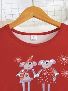 少女女孩 2 件套圣诞简约星星和烟花老鼠印花阻燃家居服睡衣套装 - 红色 - 彩色 - 查看 3