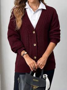 EMERY ROSE Women's Textured Long Sleeve V-Neck Cardigan Sweater - Burgundy - View 6