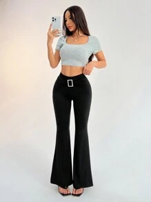 SHEIN PETITE Pantalones acampanados elásticos de unicolor con cintura recogida en forma de diamante cuadrado para mujeres - Negro - Ver 5