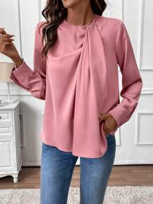 SHEIN Clasi Áo cánh cổ tròn dài tay bằng vải satin thiết kế dạng xoắn phía trước thanh lịch dành cho nữ, phù hợp cho công việc hàng ngày vào mùa xuân/thu/đông, giáo viên, v.v. - Bụi hồng - Xem 5