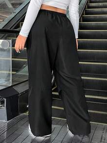 CovetEZ Pantalon décontracté de grande taille, couleur unie, taille avec cordon de serrage - Noir - Voir 2