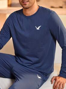 Manfinity Underwear&Sleepwear Basics Bộ đồ ngủ thường ngày cho nam, áo thun trơn cổ tròn tay dài in họa tiết tối giản và quần dài, trang phục thu đông - Xanh đậm - Xem 6