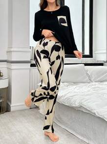 简约优雅印花休闲长袖女式睡衣套装，秋冬服装 - 彩色 - 查看 3