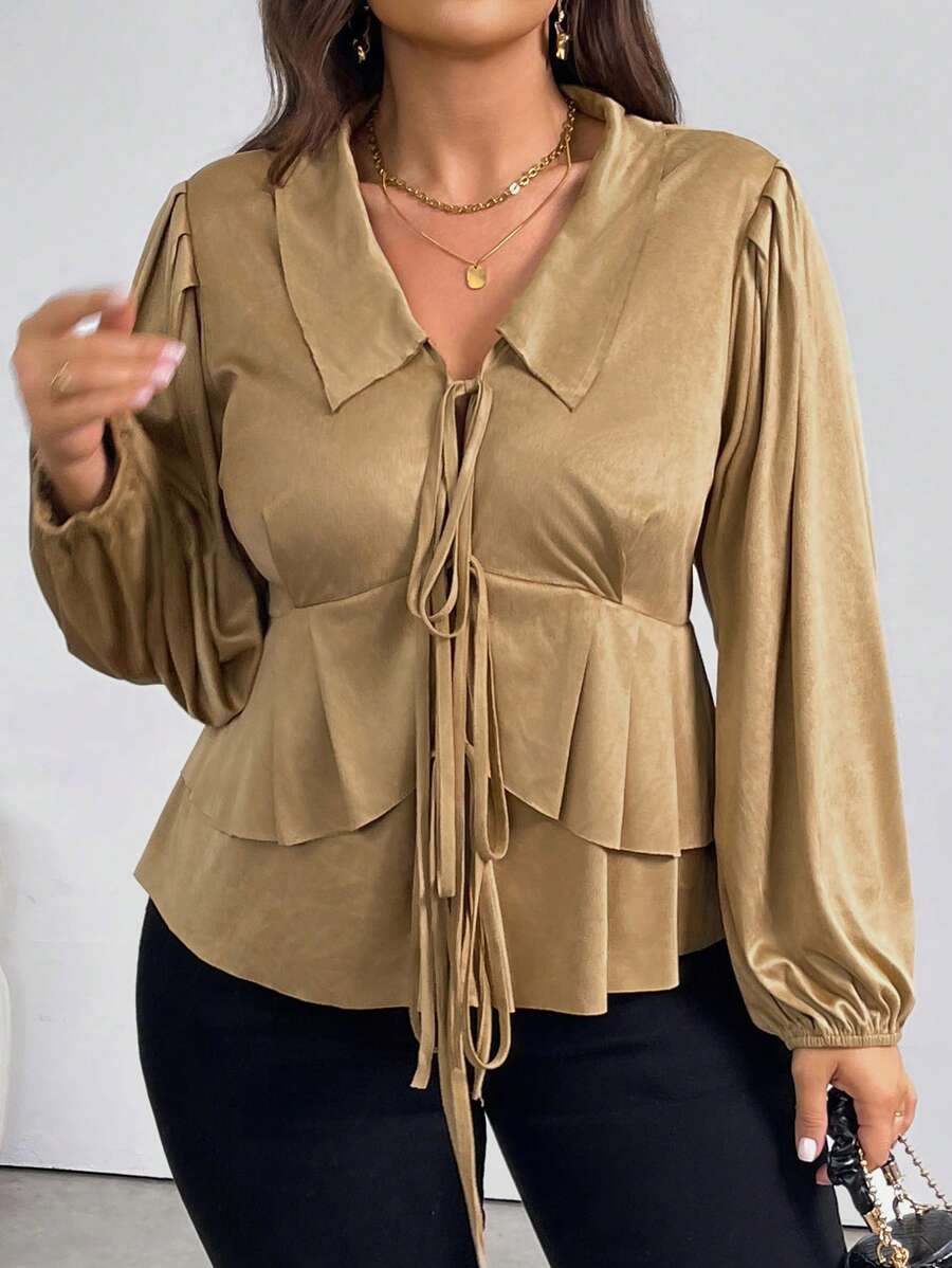SHEIN Privé Plus Size Elegant Office Lady Academic Style Vintage Autumn Long Sleeve Shirt Collar Bow Tie Layered Ruffle Trim Jacket
