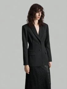 Ontre Nuova collezione primavera 2025 per donna, giacca di tailleur a forma di campana con vita modellata, tinta unita, con risvolto, manica lunga, vestibilità slim, abbigliamento da lavoro per ufficio e professioniste urbane - nero - Visualizzare 4