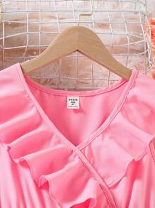 Tween Girl  Solid Color Ruffle Trim Wrap Dress, Vacation Casual - Pink - View 6