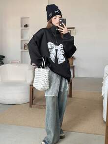 DAZY Women's Oversized Butterfly Pattern Thermal Lined Sweatshirt Fall,Winter - Black - View 8