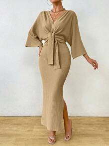 Celisse Robe élégante pour femmes, couleur unie, col en V, manches chauve-souris, ceinturée avec fente latérale, pour le printemps et l'été