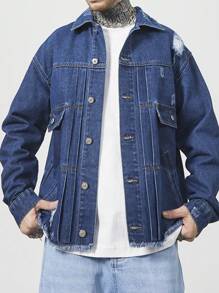 OTTIMOZO Men's Spring & Autumn Relaxed Fit Distressed Drop Shoulder Long Sleeve Denim Jacket - Blue - View 1