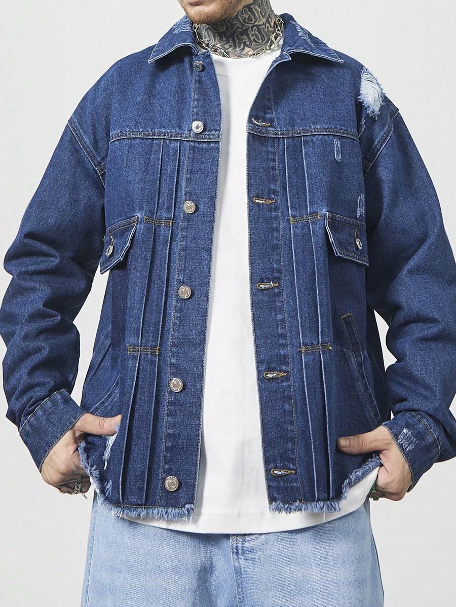 OTTIMOZO Men's Spring & Autumn Relaxed Fit Distressed Drop Shoulder Long Sleeve Denim Jacket - Blue - View 1