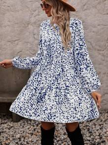 SHEIN Clasi Round Neck Long Sleeve All-Over Print Pleated Short Casual Dress - Multicolor - View 6