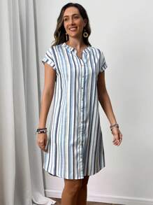 EMERY ROSE Women Casual Summer Colorful Striped V-Neck Loose Straight Dress - Multicolor - View 4