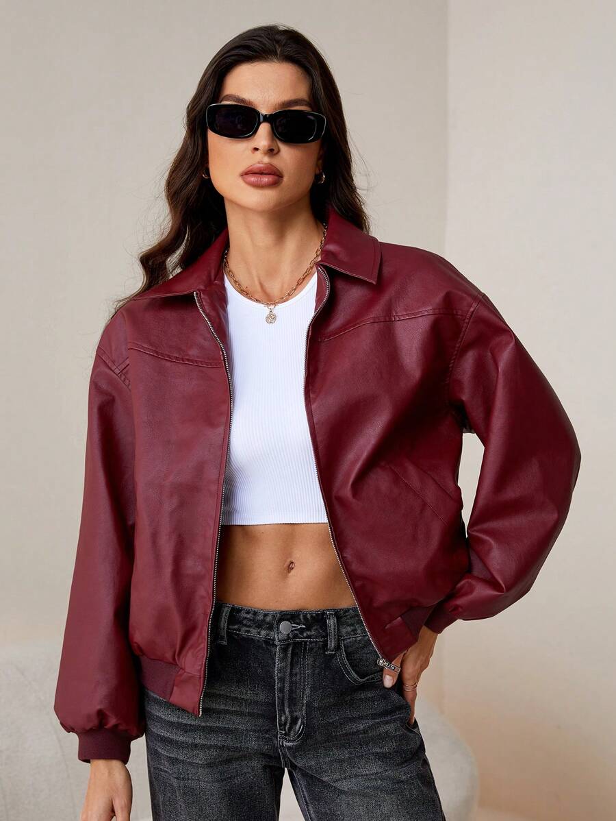 SHEIN Tall Women's Retro Red Leather Jacket Suitable For Autumn And Winter - Burgundy - View 1