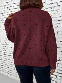 Suéter holgado de manga larga con cuello en V y hombros caídos con estampado de lunares para mujer de talla grande, otoño/invierno - Burdeos - Ver 2