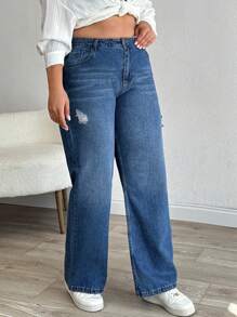 SHEIN Cottnline بنطلون جينز نسائي مقاس كبير بخصر عالي وقصة مستقيمة ممزق أزرق فاتح صيفي كاجوال رسمي للخروج تقليدي - أزرق متوسط - مشاهدة 5