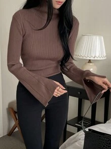 DAZY Women's Solid Color Fitted Long Sleeve Turtleneck Sweater,Fall Women Clothes - Brown - View 8