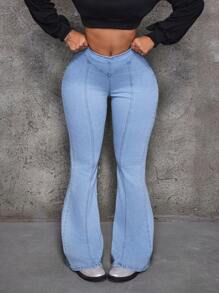 SHEIN EZwear Quần Jeans Denim Túi Khóa Kéo Thường Ngày Cho Nữ - Màu xanh lam - Xem 5