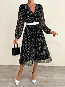 EURMUSE Váy midi xếp ly chi tiết chấm bi cotton, tay áo dài, thắt lưng tương phản - màu đen - Xem 1