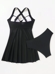 Swim Lushoire 2pcs/Set Women Solid Color Camisole & Tankini Swimming Suit Summer - Black - View 4