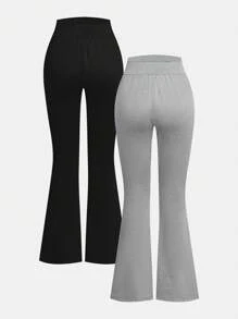 SHEIN 2 件套青少年女孩休闲学院风喇叭裤和时尚黑灰色冬季服装 - 彩色 - 查看 2