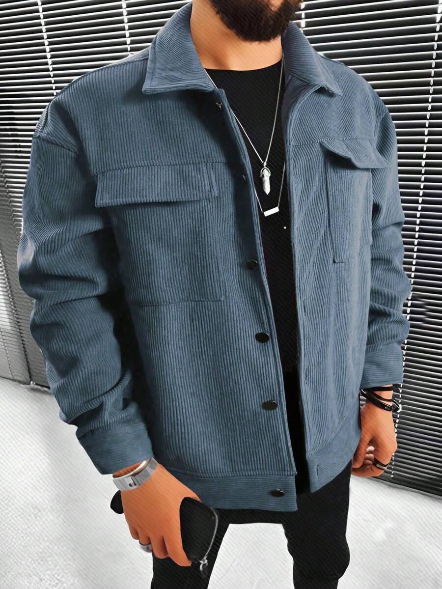Manfinity Homme 男士宽松翻盖口袋落肩灯芯绒夹克 - 霧霾藍 - 查看 1