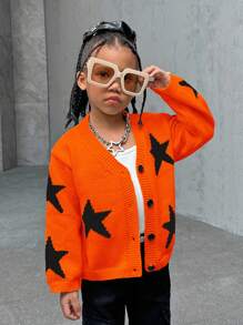 SHEIN Explorewe 年轻女孩开衫 青少年女孩毛衣 五角星圆领针织开衫，适合休闲外出和旅行，秋冬季保暖 - 橘色 - 查看 1