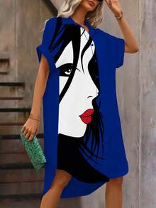 SHEIN LUNE Short Front Long Back Portrait Print Short Sleeve Dress - Blue - View 3