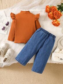 2 pièces Ensemble chemisier à manches longues avec col volant et pantalon de couleur unie pour filles