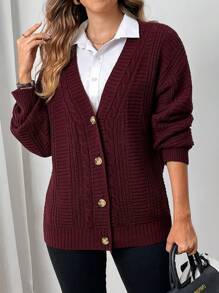 EMERY ROSE Women's Textured Long Sleeve V-Neck Cardigan Sweater - Burgundy - View 4