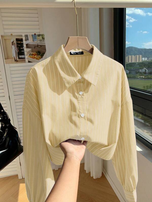 Comfortcana Women's New Bubble Crepe Cropped Loose  Striped Shirt