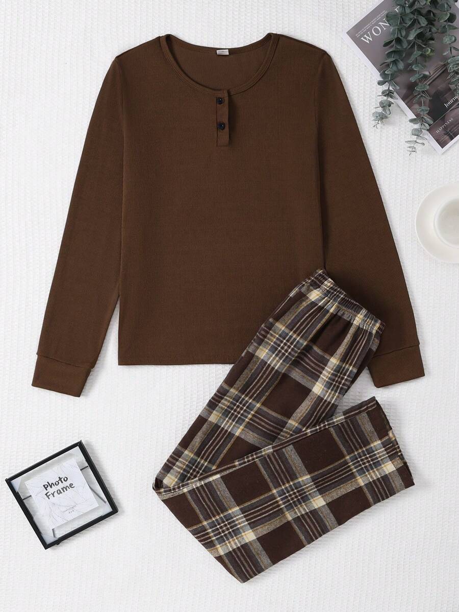 2pcs Set Teen Girl Ribbed Knit Basic Top And Plaid Print Pants, Fall/Winter Lounge Pajama Set - Brown - View 1