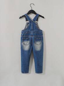 SHEIN 年轻男孩做旧复古水洗磨损直腿蓝色牛仔工装裤连体裤，适合年轻男孩室内/户外秋冬服装 - 中等水洗藍 - 查看 2