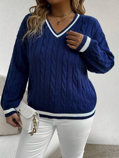 SHEIN Plus Size Kontrastowy Kolor Blokowy Dekolt w Serek Długi Rękaw Prosty Casualowy Sweter Pullover, Na Zimę