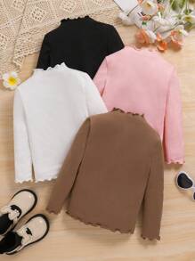 SHEIN LMoss Kids LMoss Young Girl 4pcs/Set Mock Neck Lettuce Trim Knit Fabric Tee, Versatile, Great For Casual Daily Wear & School Daily In Autumn & Winter - Multicolor - View 3