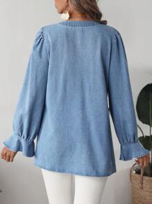 SHEIN LUNE Women's V-Neck Long Sleeve Casual Denim Top - Blue - View 2