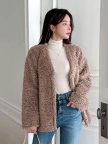 DAZY 女士V领羊毛加厚外套，新款秋季设计，秋季女装外套 - 棕色 - 查看 4