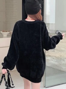 FRIFUL Áo len nữ tay dài cổ tròn dáng rộng họa tiết chữ hoạt hình, mùa thu đông - màu đen - Xem 5