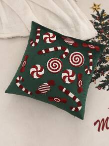 1pc Christmas Decor Candy Embroidery Velvet Throw Pillow Cover, For Living Room & Bedroom - Dark Green - View 5