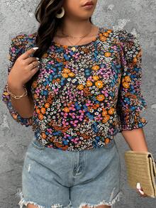 SHEIN LUNE 大码圆领中长袖休闲花卉印花衬衫 - 彩色 - 查看 3
